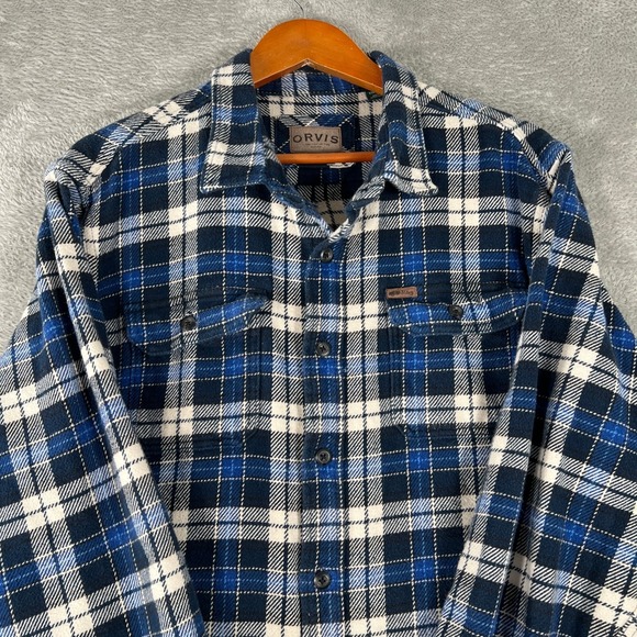 Orvis Flannel Shirt Shacket Mens 2XL Long Sleeve Blue White Plaid Button Up - Picture 1 of 10